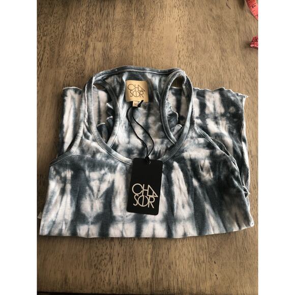 Chaser Antropologie Ribbed Racerback Tank In Blue and White - M - Picture 4 of 7